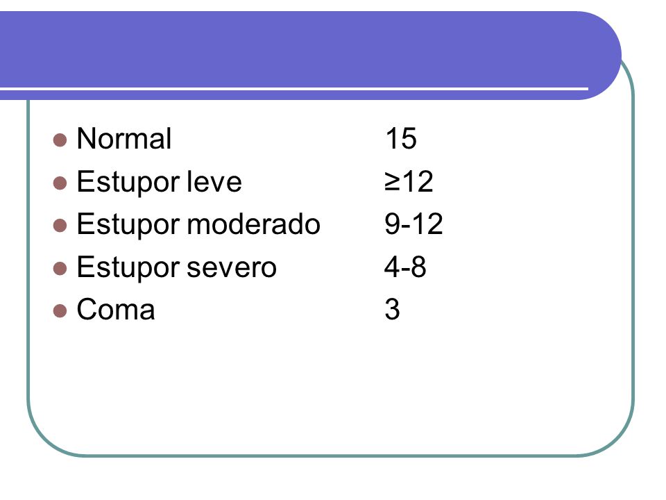 Normal 15 Estupor leve ≥12 Estupor moderado 9-12 Estupor severo 4-8 Coma 3