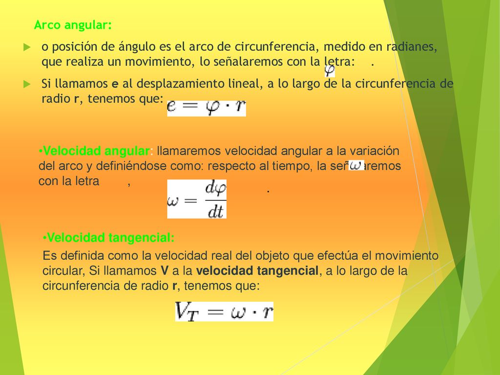 Arco angular: o posición de ángulo es el arco de circunferencia, medido en radianes, que realiza un movimiento, lo señalaremos con la letra: .