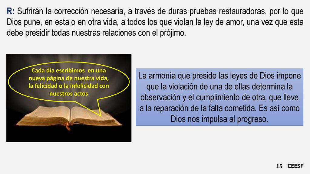 R: Sufrirán la corrección necesaria, a través de duras pruebas restauradoras, por lo que Dios pune, en esta o en otra vida, a todos los que violan la ley de amor, una vez que esta debe presidir todas nuestras relaciones con el prójimo.