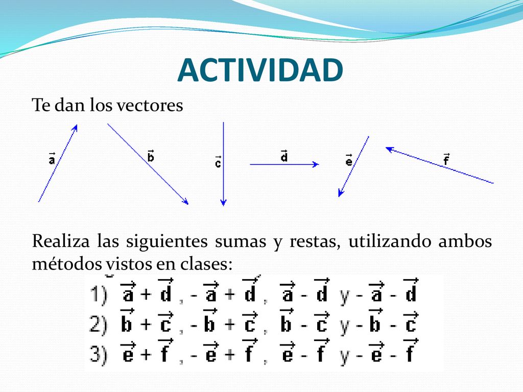 ACTIVIDAD Te dan los vectores Realiza las siguientes sumas y restas, utilizando ambos métodos vistos en clases: