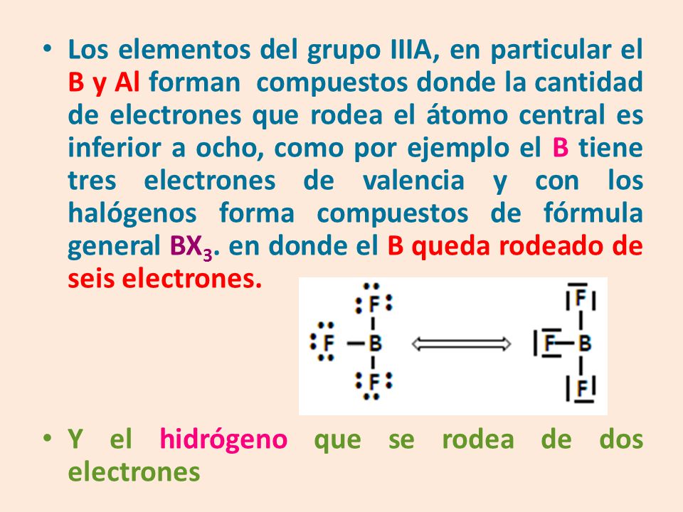 Los elementos del grupo IIIA, en particular el B y Al forman compuestos donde la cantidad de electrones que rodea el átomo central es inferior a ocho, como por ejemplo el B tiene tres electrones de valencia y con los halógenos forma compuestos de fórmula general BX3. en donde el B queda rodeado de seis electrones.