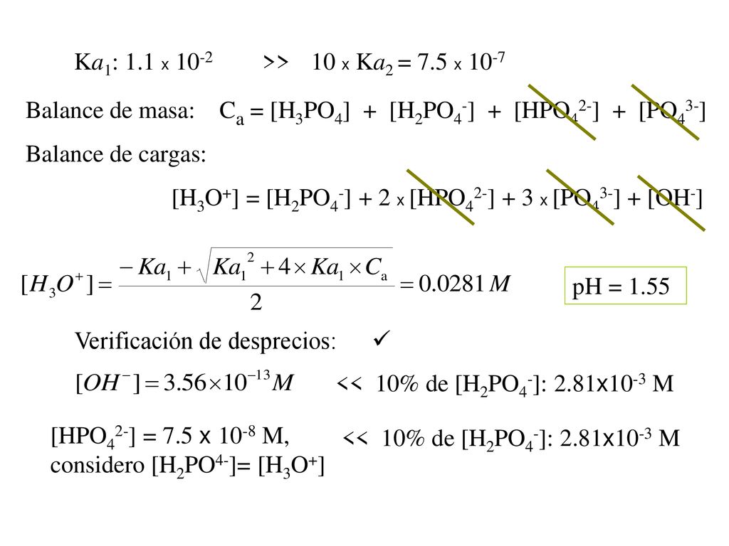 Ka1: 1.1 x 10-2 >> 10 x Ka2 = 7.5 x 10-7 Balance de masa: Ca = [H3PO4] + [H2PO4-] + [HPO42-] + [PO43-]