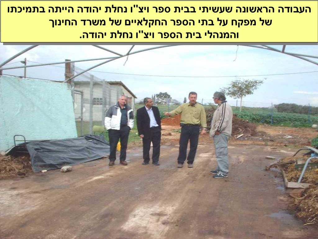 העבודה הראשונה שעשיתי בבית ספר ויצ ו נחלת יהודה הייתה בתמיכתו של מפקח על בתי הספר החקלאיים של משרד החינוך והמנהלי בית הספר ויצ ו נחלת יהודה.