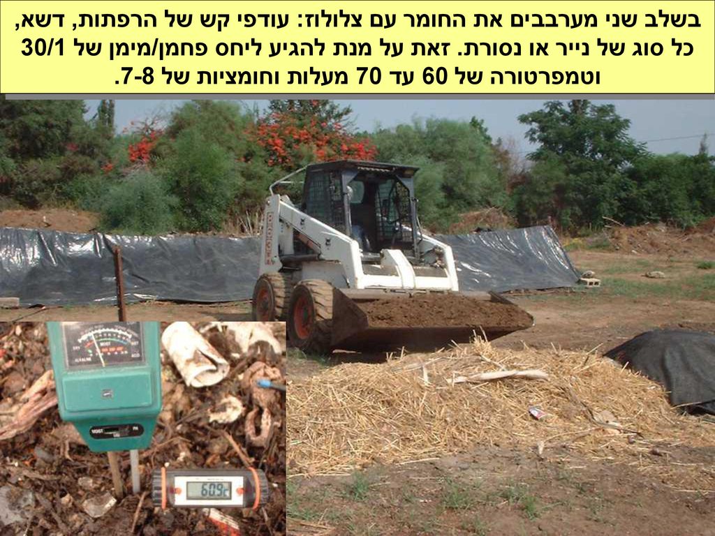 בשלב שני מערבבים את החומר עם צלולוז: עודפי קש של הרפתות, דשא, כל סוג של נייר או נסורת.