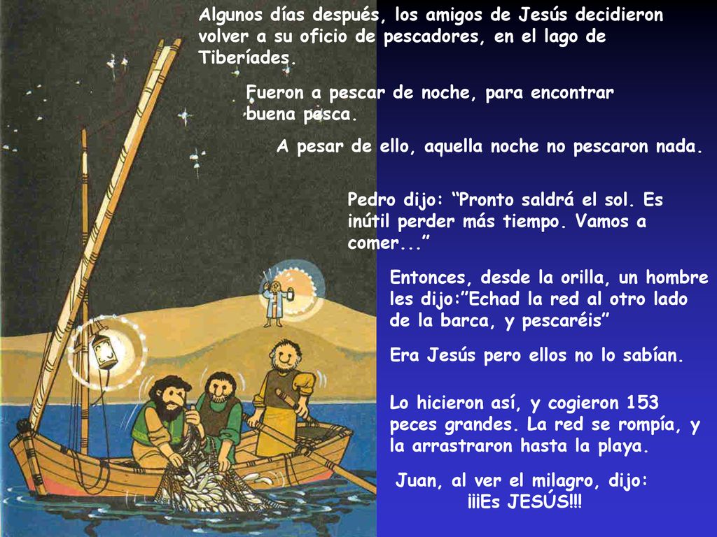 Algunos días después, los amigos de Jesús decidieron volver a su oficio de pescadores, en el lago de Tiberíades.
