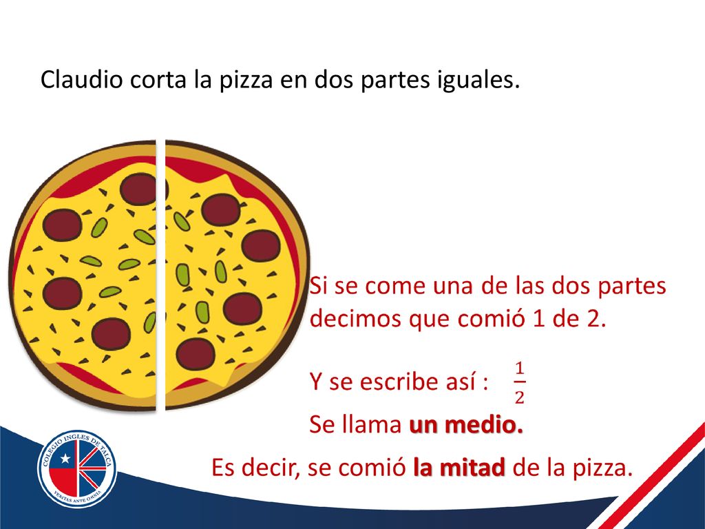 Claudio corta la pizza en dos partes iguales.