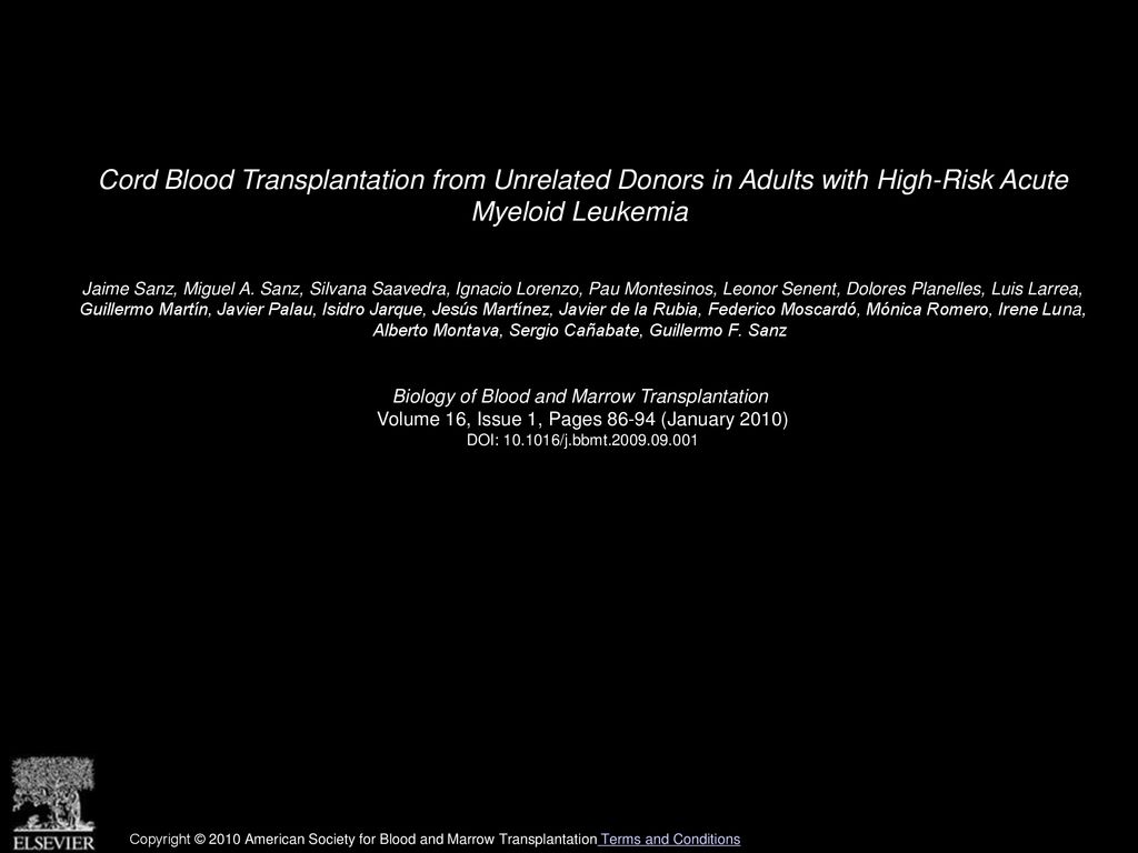 Cord Blood Transplantation from Unrelated Donors in Adults with High-Risk Acute Myeloid Leukemia