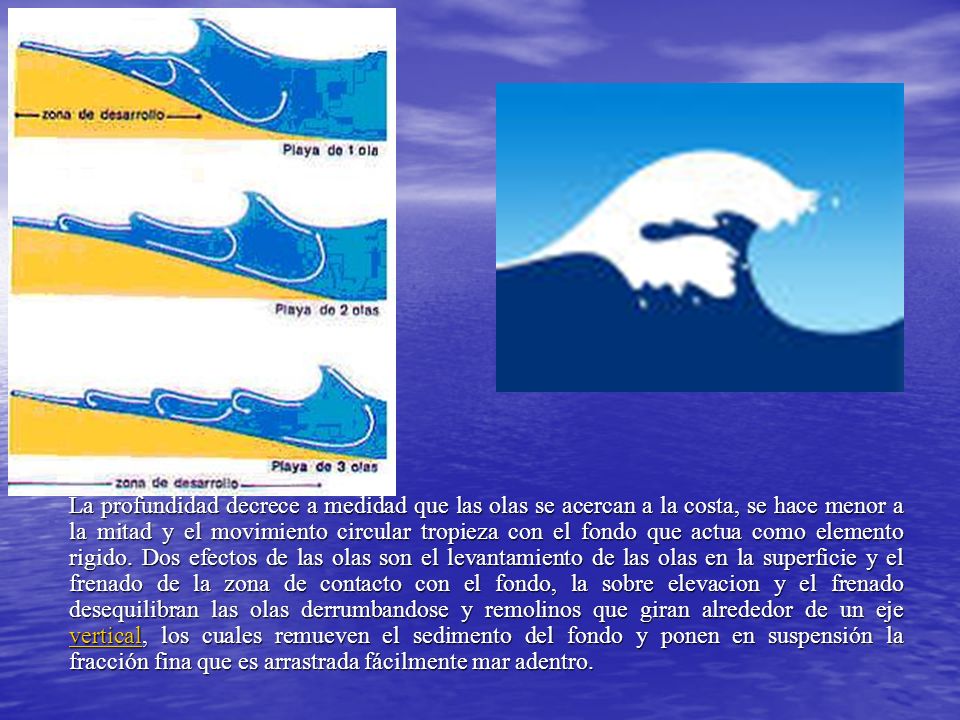 La profundidad decrece a medidad que las olas se acercan a la costa, se hace menor a la mitad y el movimiento circular tropieza con el fondo que actua como elemento rigido.