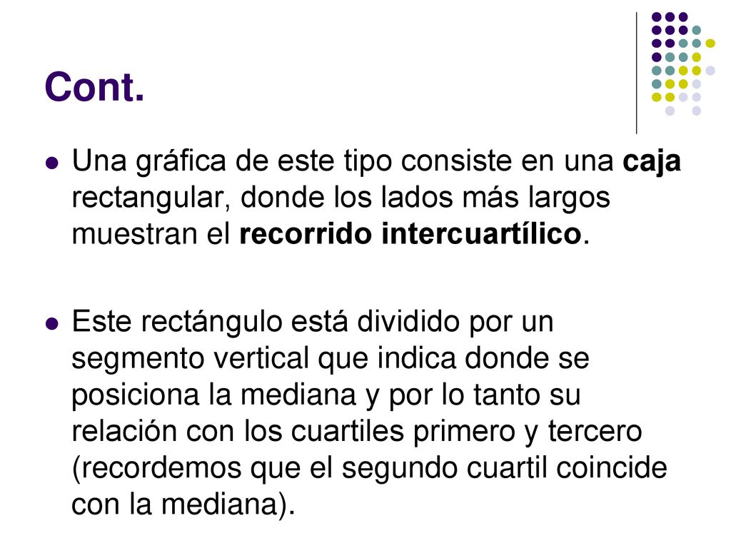 Cont. Una gráfica de este tipo consiste en una caja rectangular, donde los lados más largos muestran el recorrido intercuartílico.