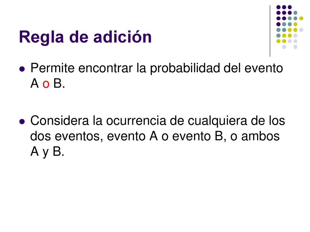 Regla de adición Permite encontrar la probabilidad del evento A o B.