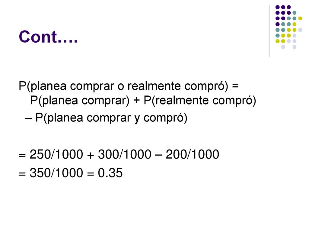 Cont…. P(planea comprar o realmente compró) = P(planea comprar) + P(realmente compró) – P(planea comprar y compró)