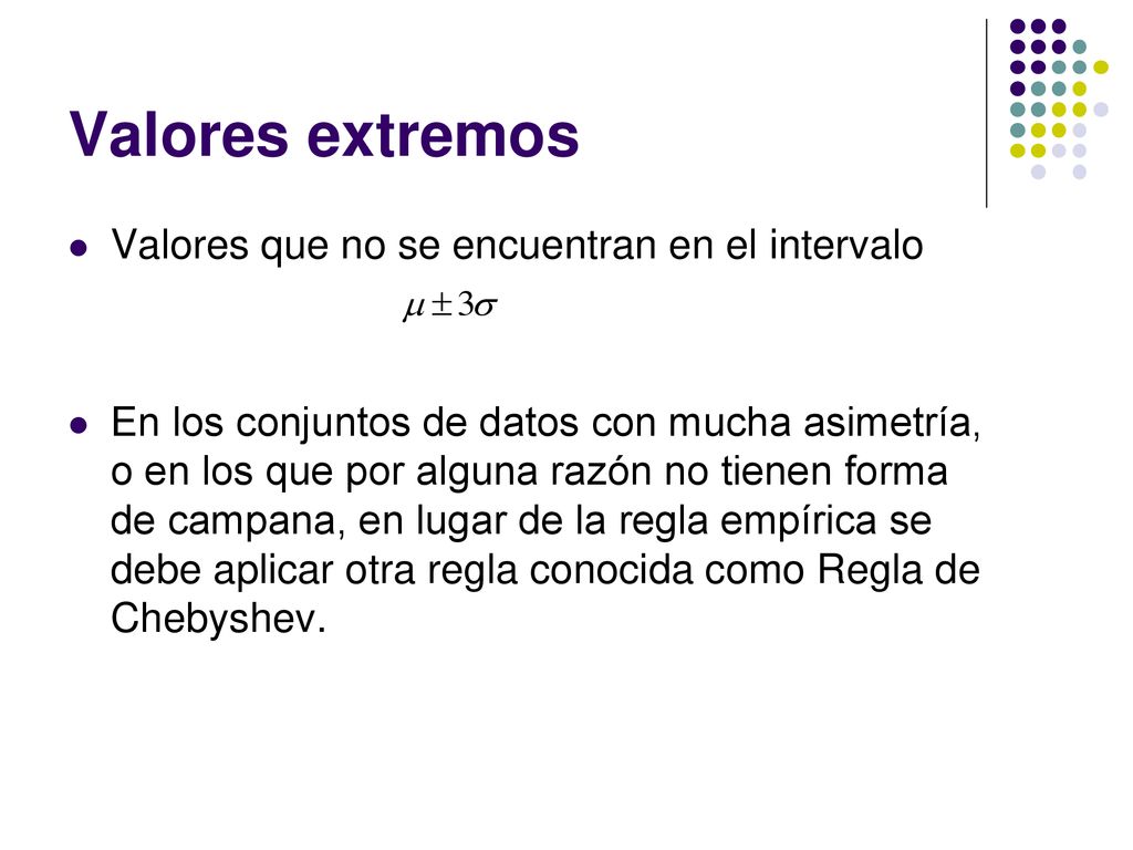 Valores extremos Valores que no se encuentran en el intervalo