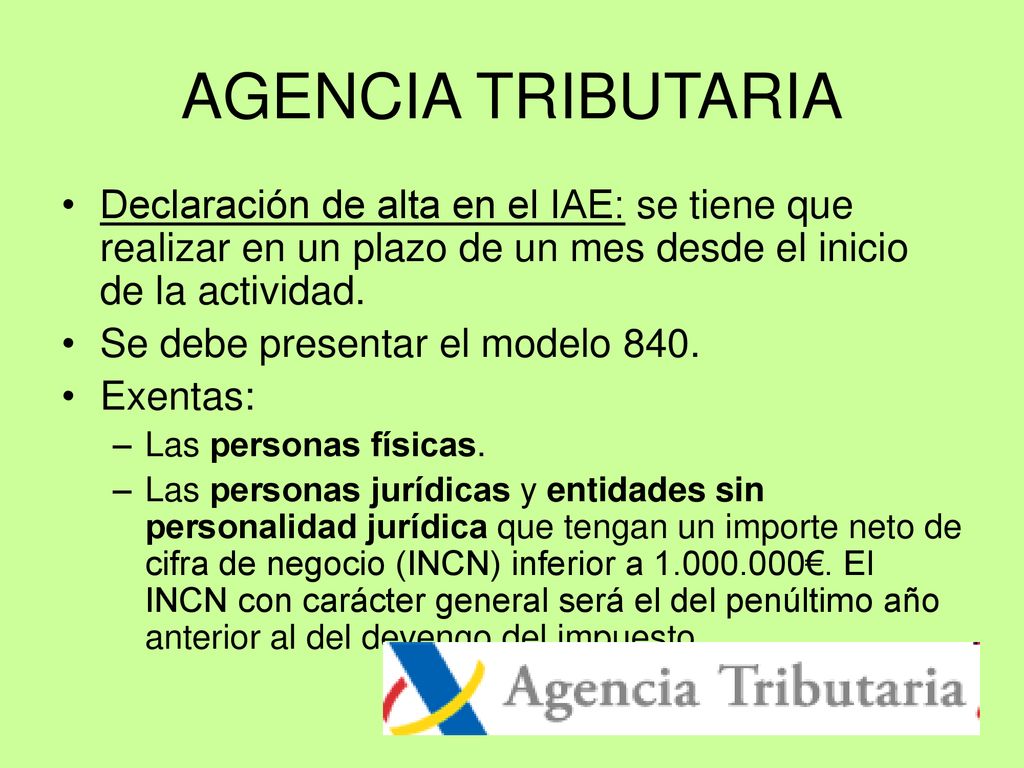 AGENCIA TRIBUTARIA Declaración de alta en el IAE: se tiene que realizar en un plazo de un mes desde el inicio de la actividad.