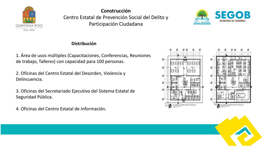 Construcción Centro Estatal de Prevención Social del Delito y Participación Ciudadana. Distribución.