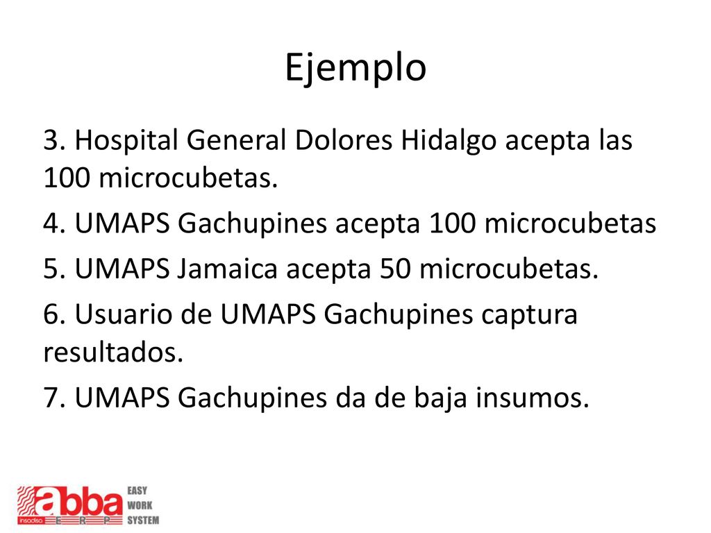 Ejemplo 3. Hospital General Dolores Hidalgo acepta las 100 microcubetas. 4. UMAPS Gachupines acepta 100 microcubetas.
