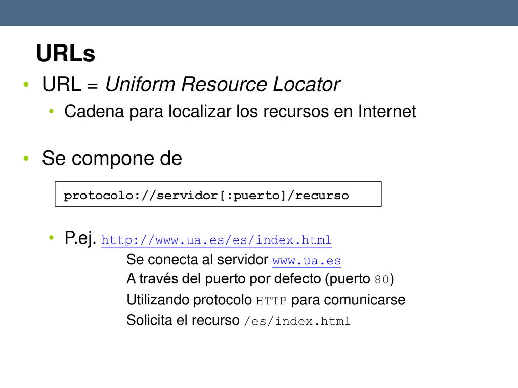 URLs URL = Uniform Resource Locator Se compone de