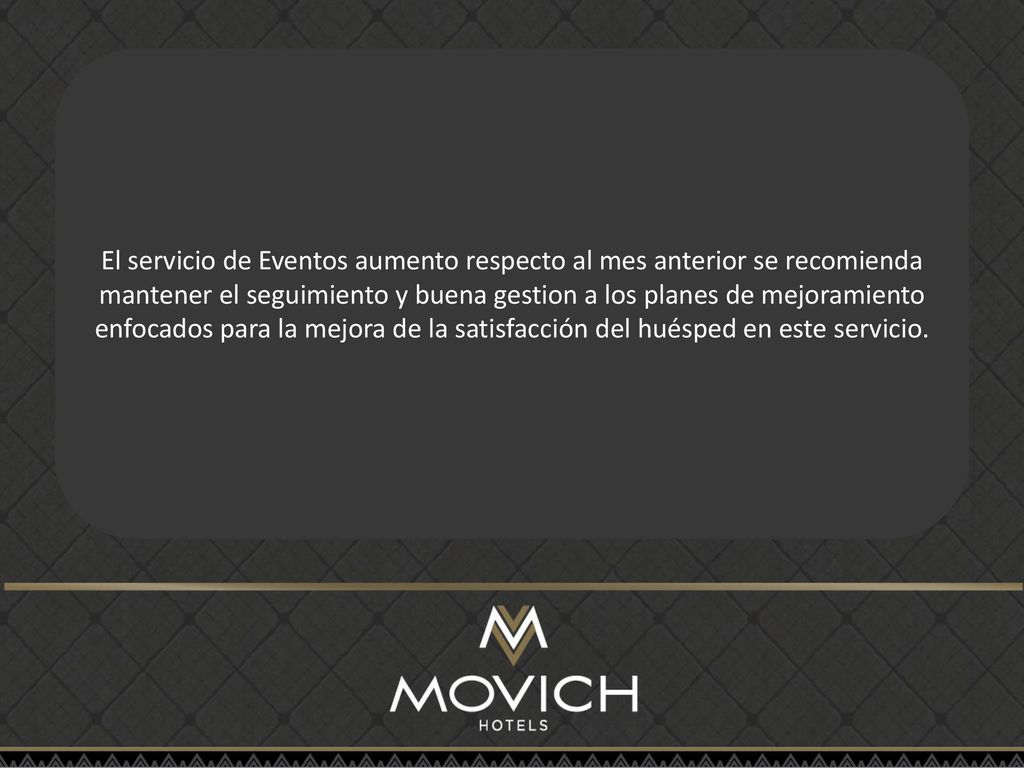 El servicio de Eventos aumento respecto al mes anterior se recomienda mantener el seguimiento y buena gestion a los planes de mejoramiento enfocados para la mejora de la satisfacción del huésped en este servicio.