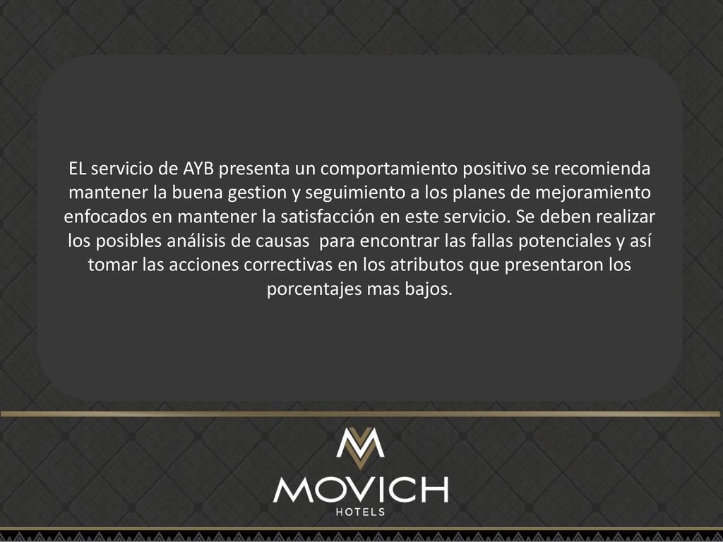 EL servicio de AYB presenta un comportamiento positivo se recomienda mantener la buena gestion y seguimiento a los planes de mejoramiento enfocados en mantener la satisfacción en este servicio.