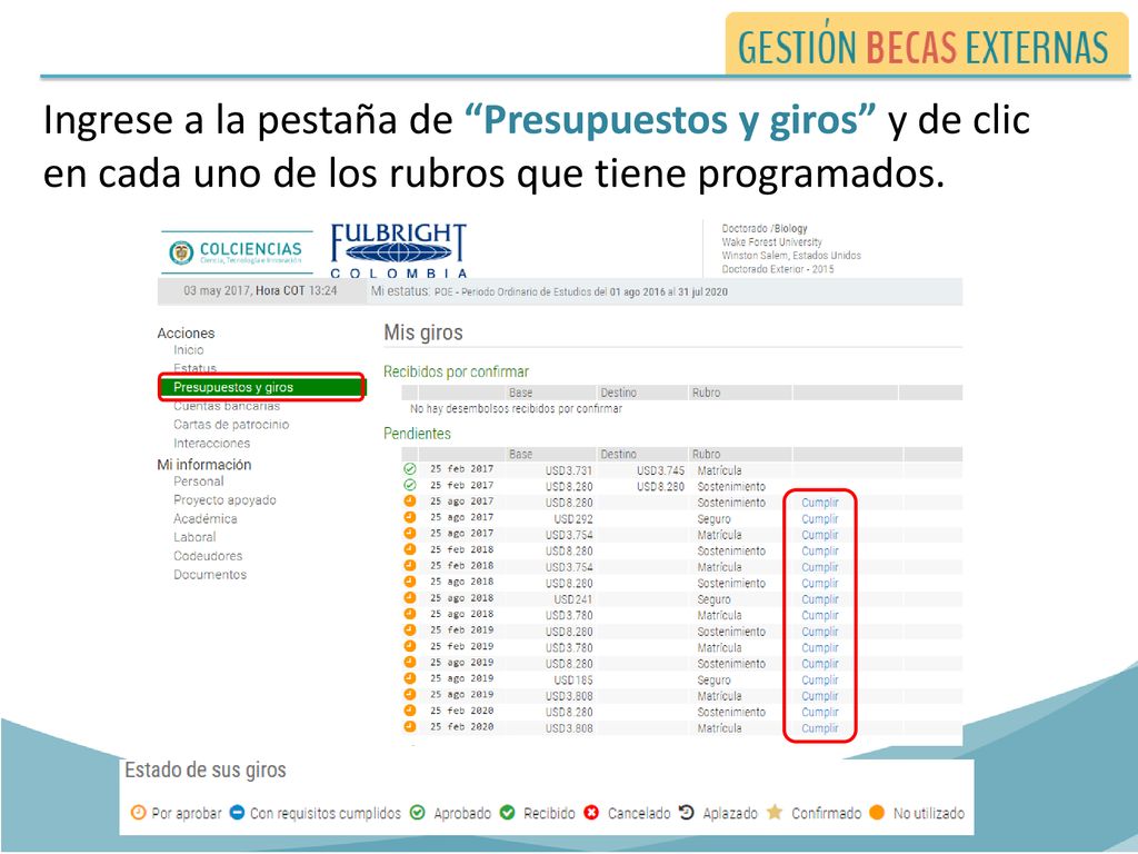 Ingrese a la pestaña de Presupuestos y giros y de clic en cada uno de los rubros que tiene programados.