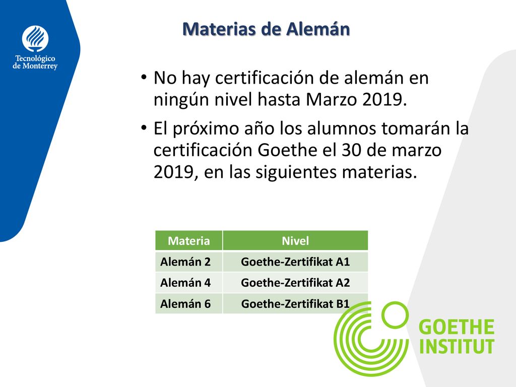 No hay certificación de alemán en ningún nivel hasta Marzo