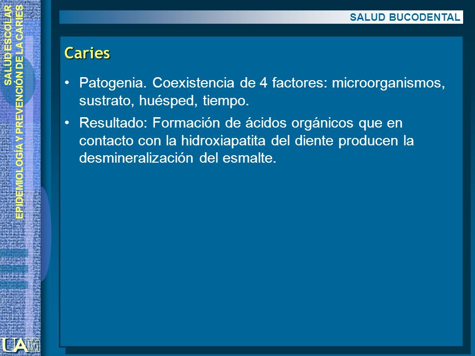 SALUD BUCODENTAL Caries. Patogenia. Coexistencia de 4 factores: microorganismos, sustrato, huésped, tiempo.