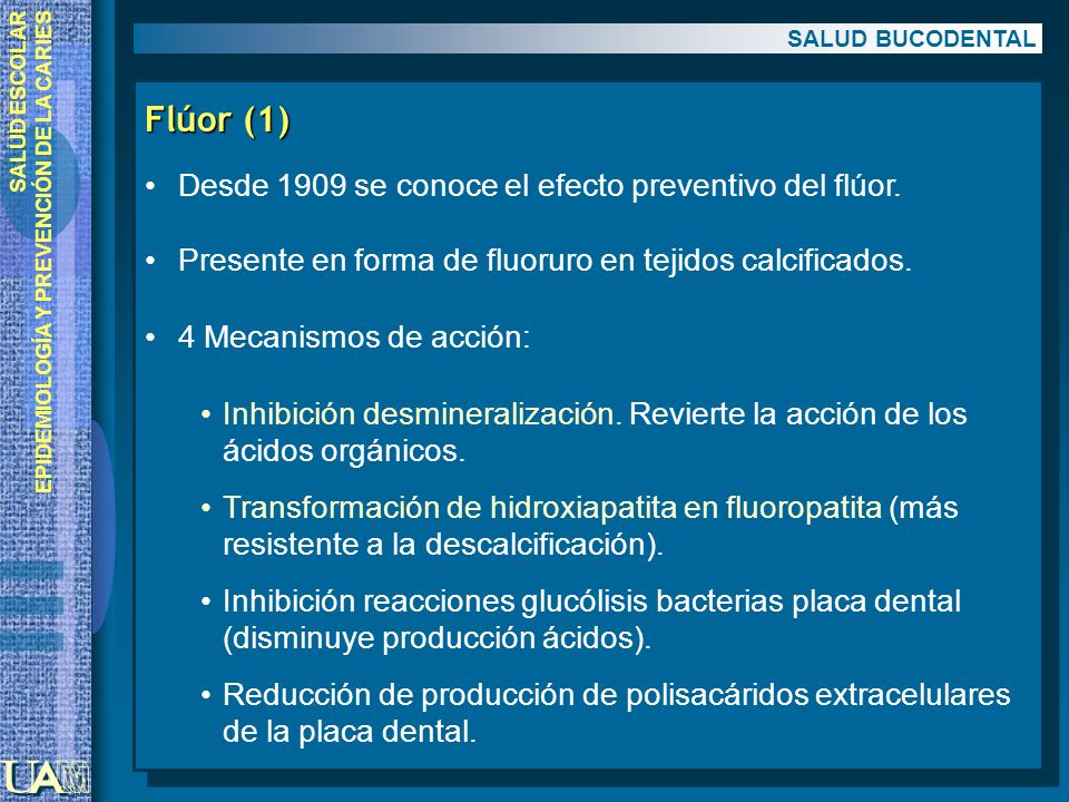 Flúor (1) Desde 1909 se conoce el efecto preventivo del flúor.
