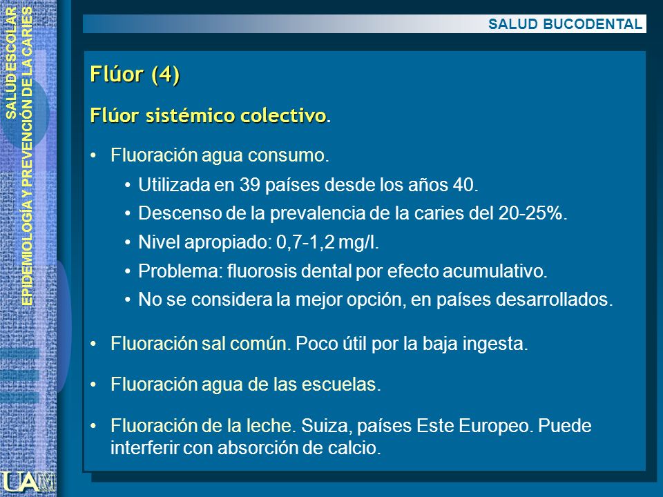 Flúor (4) Flúor sistémico colectivo. Fluoración agua consumo.