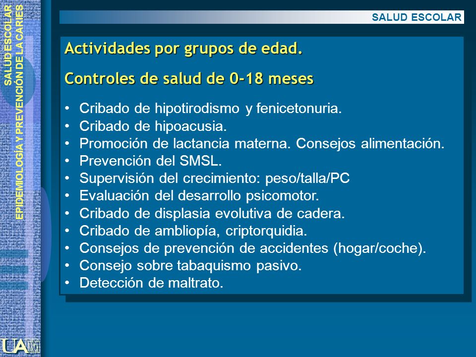 Actividades por grupos de edad. Controles de salud de 0-18 meses