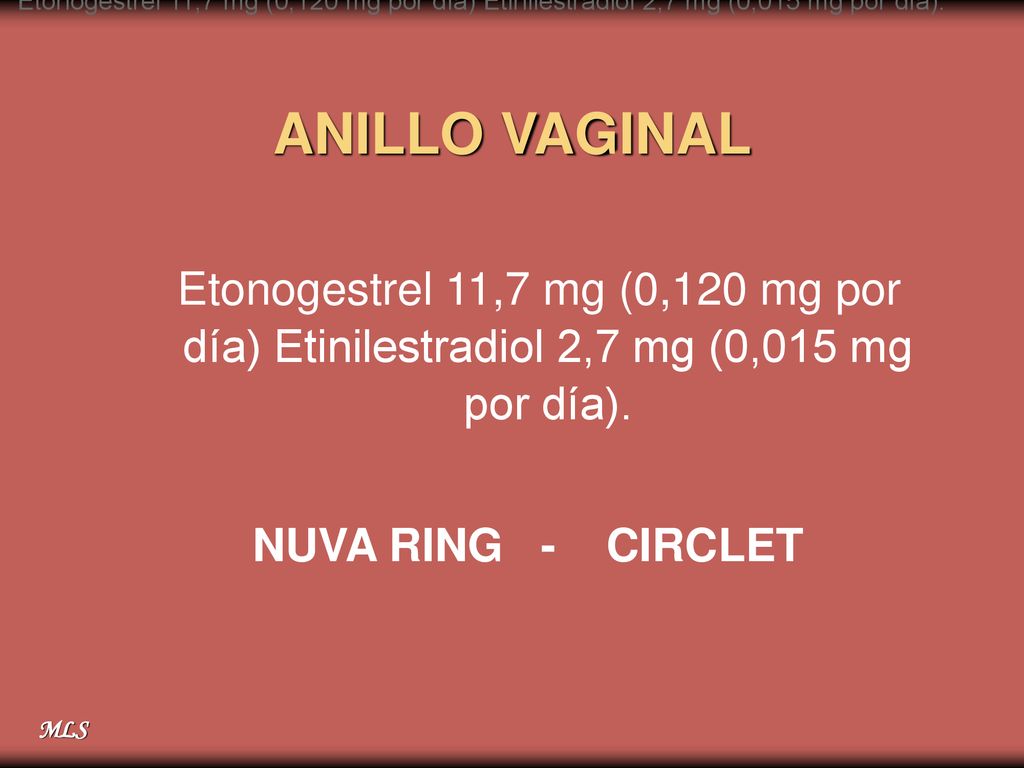 Etonogestrel 11,7 mg (0,120 mg por día) Etinilestradiol 2,7 mg (0,015 mg por día).