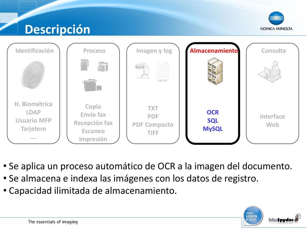 Descripción Identificación. Proceso. Imagen y log. OCR. SQL. MySQL. Almacenamiento. Consulta.