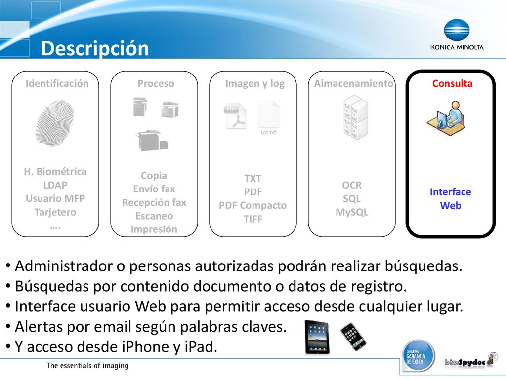 Descripción Identificación. Proceso. Imagen y log. Almacenamiento. Interface. Web. Consulta. H. Biométrica.