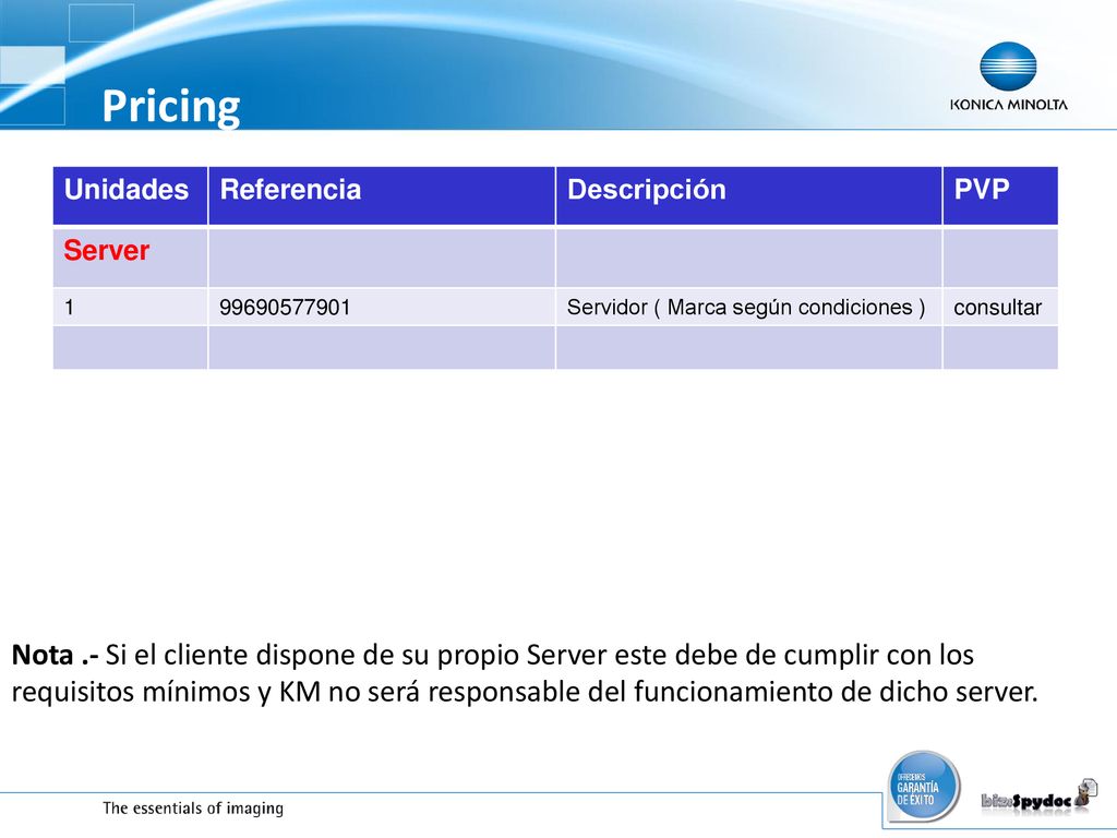 Pricing Unidades. Referencia. Descripción. PVP. Server Servidor ( Marca según condiciones )