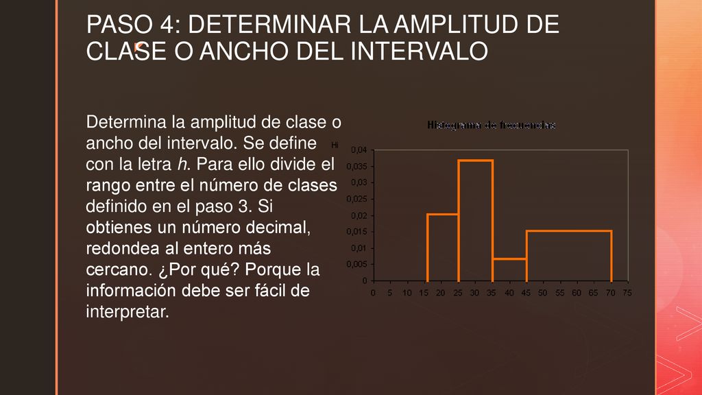 PASO 4: DETERMINAR LA AMPLITUD DE CLASE O ANCHO DEL INTERVALO
