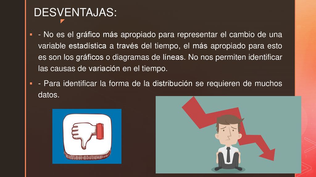 - No es el gráfico más apropiado para representar el cambio de una variable estadística a través del tiempo, el más apropiado para esto es son los gráficos o diagramas de líneas. No nos permiten identificar las causas de variación en el tiempo.