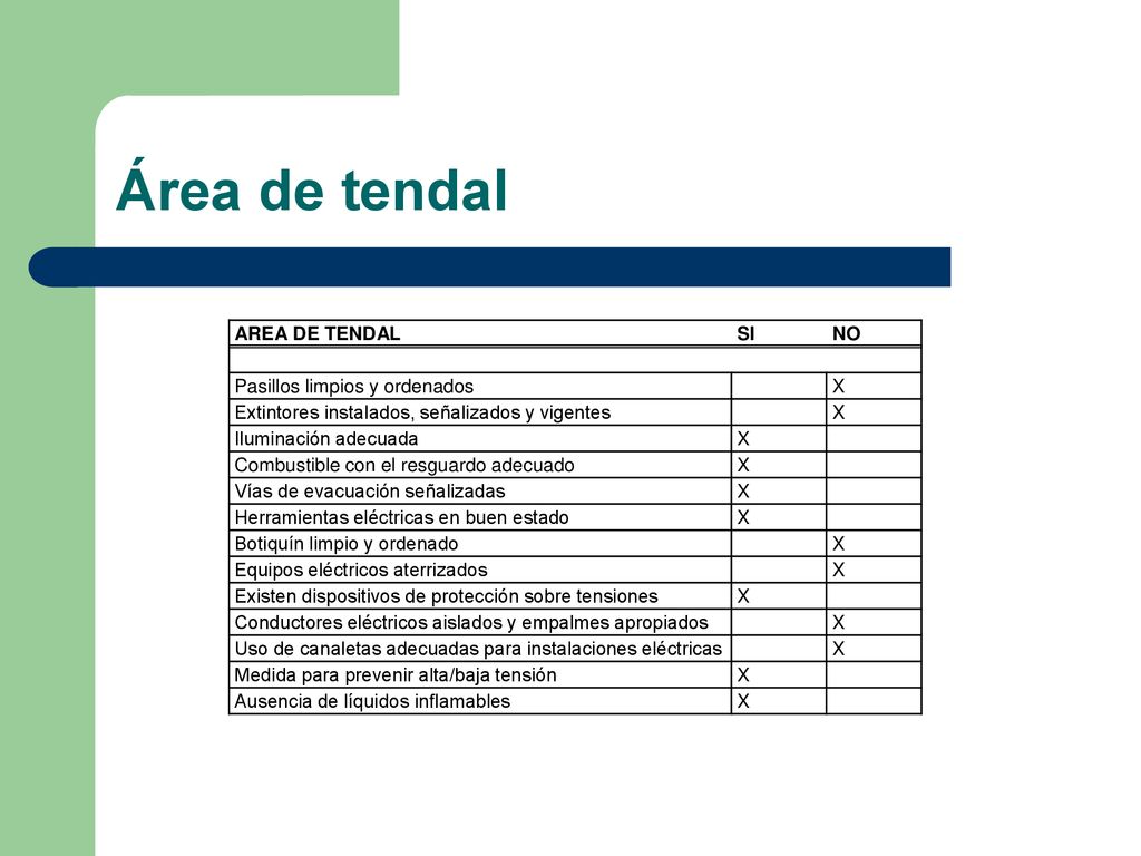 Área de tendal AREA DE TENDAL SI NO Pasillos limpios y ordenados X