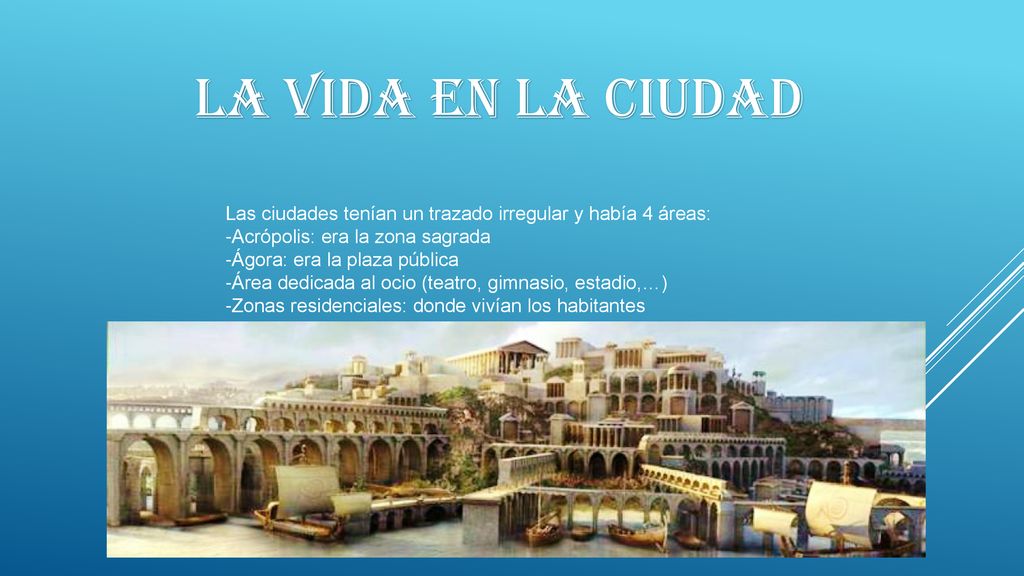 LA VIDA EN LA CIUDAD Las ciudades tenían un trazado irregular y había 4 áreas: -Acrópolis: era la zona sagrada.