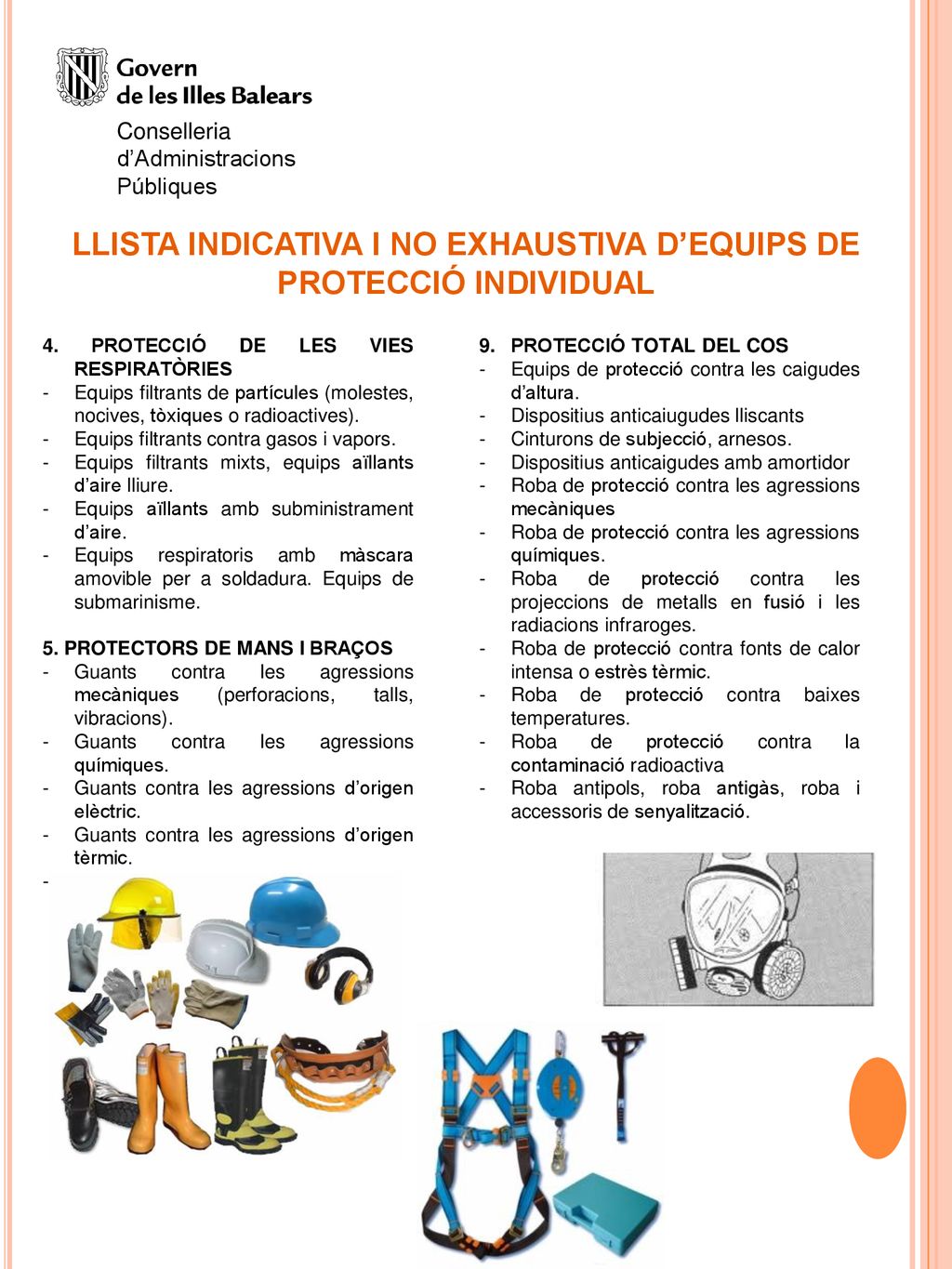 LLISTA INDICATIVA I NO EXHAUSTIVA D’EQUIPS DE PROTECCIÓ INDIVIDUAL