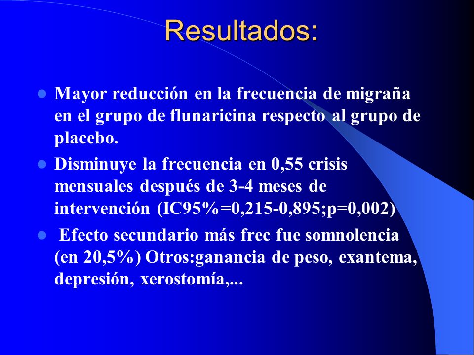 Resultados: Mayor reducción en la frecuencia de migraña en el grupo de flunaricina respecto al grupo de placebo.