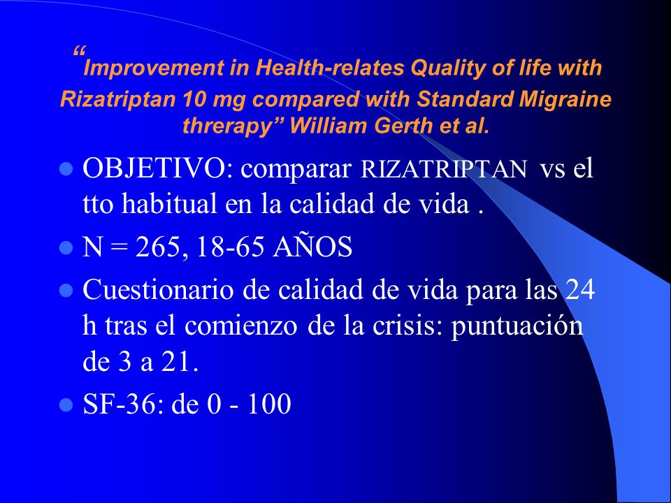 Improvement in Health-relates Quality of life with Rizatriptan 10 mg compared with Standard Migraine threrapy William Gerth et al.