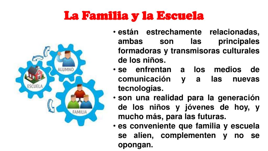 La Familia y la Escuela están estrechamente relacionadas, ambas son las principales formadoras y transmisoras culturales de los niños.