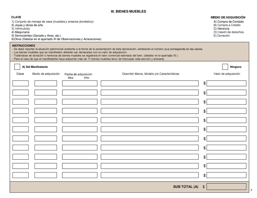 $ $ $ $ $ $ $ $ $ $ $ $ III. BIENES MUEBLES SUB TOTAL (A) 7 CLAVE