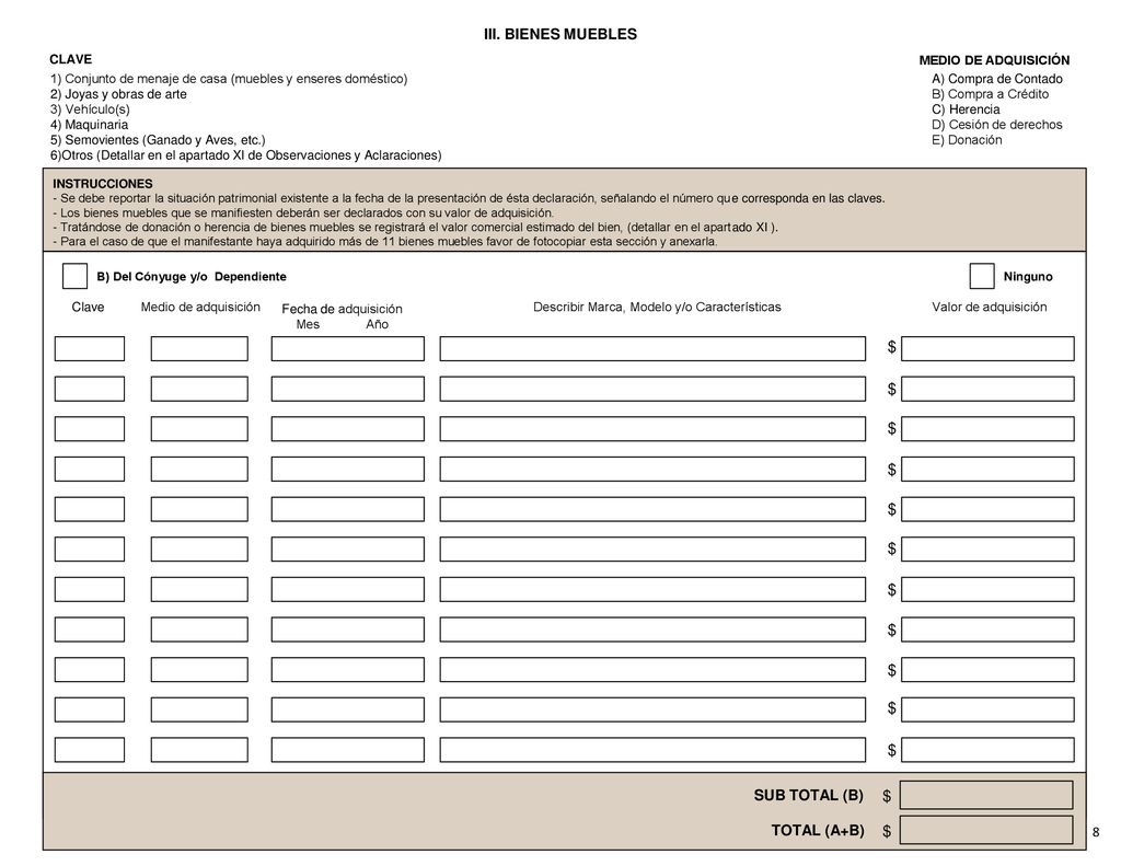 $ $ $ $ $ $ $ $ $ $ $ $ $ III. BIENES MUEBLES SUB TOTAL (B)