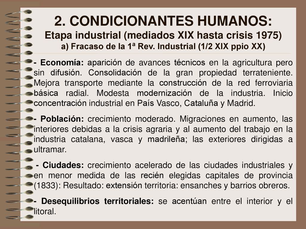 2. CONDICIONANTES HUMANOS: Etapa industrial (mediados XIX hasta crisis 1975) a) Fracaso de la 1ª Rev. Industrial (1/2 XIX ppio XX)