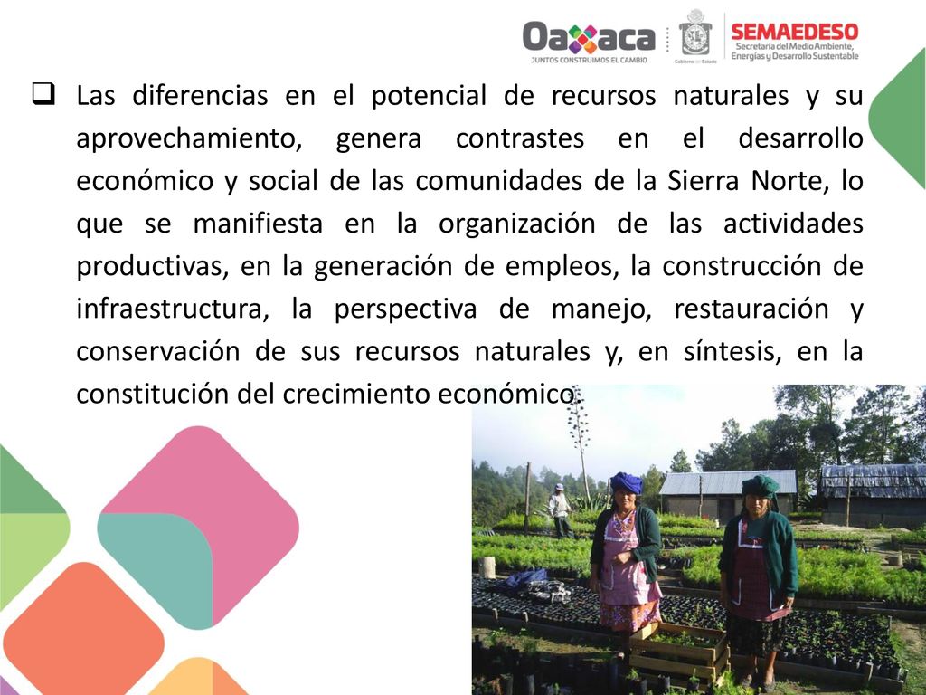 Las diferencias en el potencial de recursos naturales y su aprovechamiento, genera contrastes en el desarrollo económico y social de las comunidades de la Sierra Norte, lo que se manifiesta en la organización de las actividades productivas, en la generación de empleos, la construcción de infraestructura, la perspectiva de manejo, restauración y conservación de sus recursos naturales y, en síntesis, en la constitución del crecimiento económico.