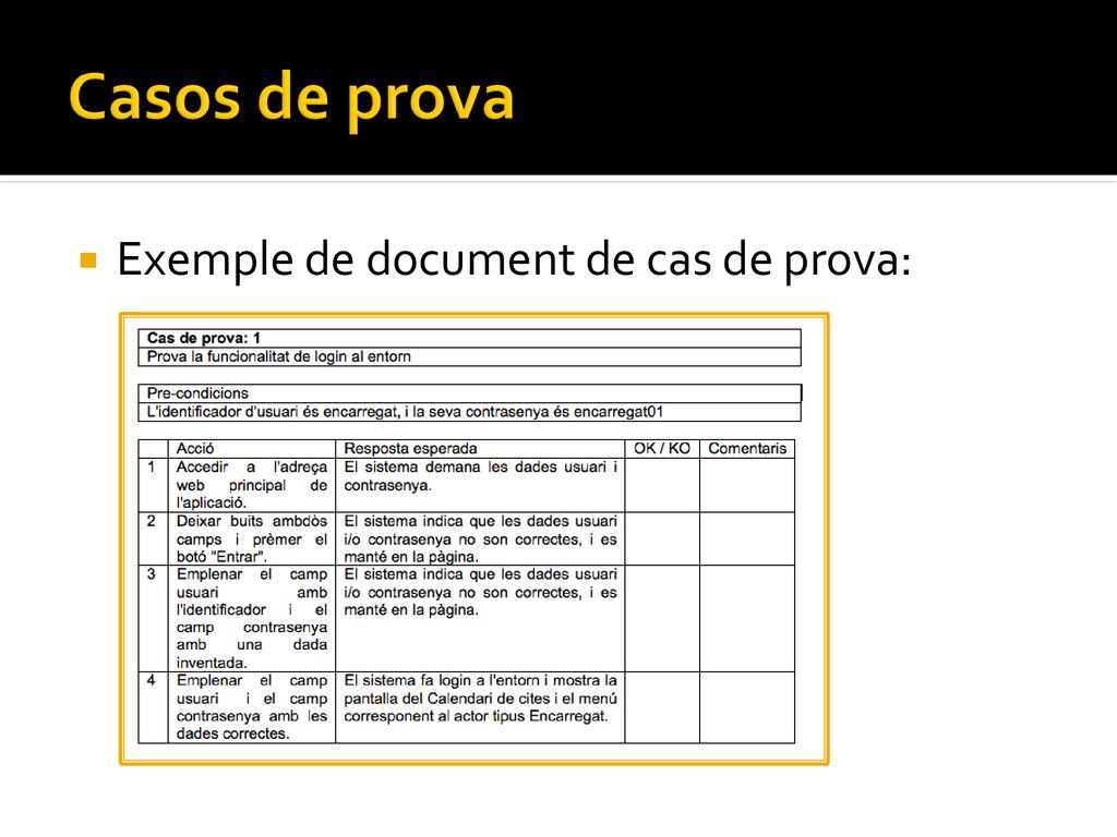Casos de prova Exemple de document de cas de prova: