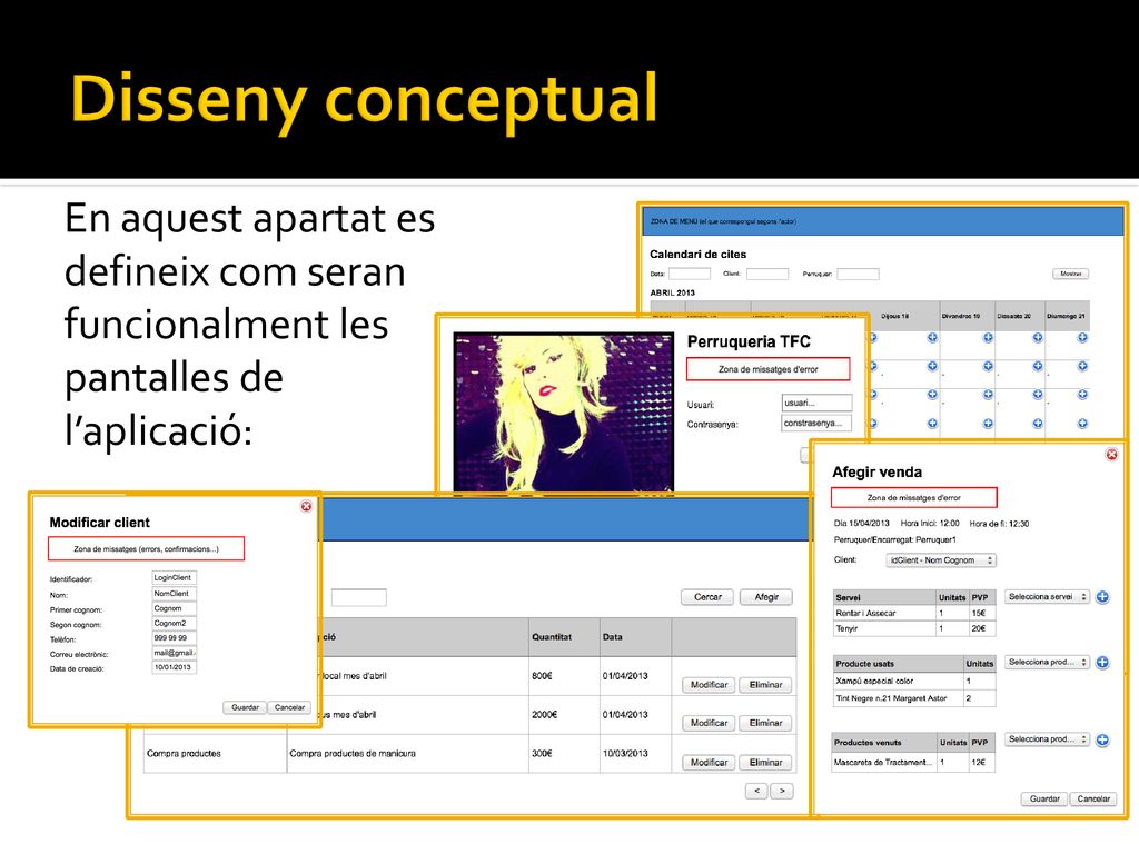 Disseny conceptual En aquest apartat es defineix com seran funcionalment les pantalles de l’aplicació: