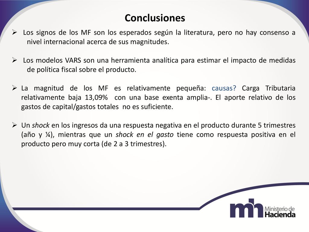 Conclusiones Los signos de los MF son los esperados según la literatura, pero no hay consenso a nivel internacional acerca de sus magnitudes.