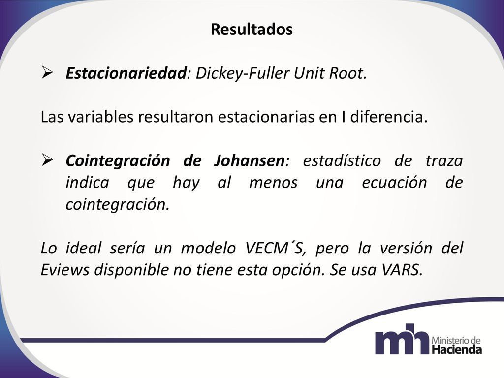 Resultados Estacionariedad: Dickey-Fuller Unit Root. Las variables resultaron estacionarias en I diferencia.