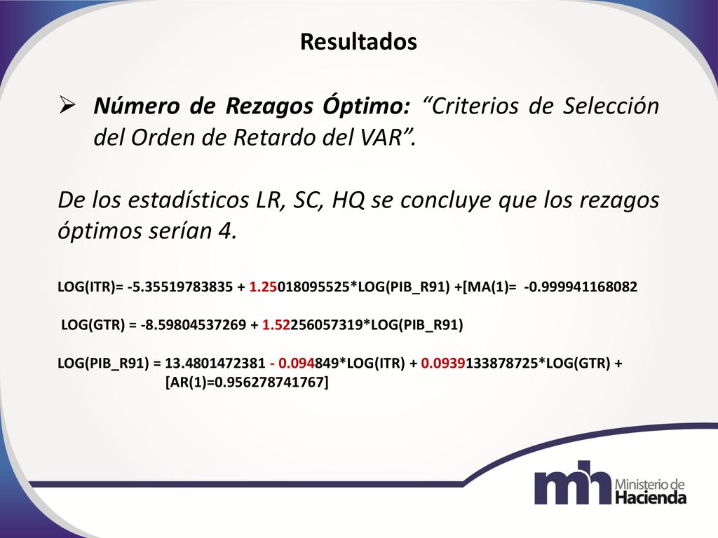 Resultados Número de Rezagos Óptimo: Criterios de Selección del Orden de Retardo del VAR .