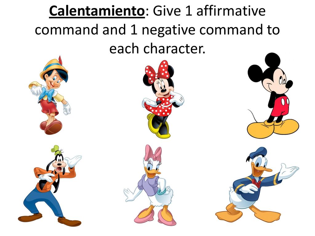Calentamiento: Give 1 affirmative command and 1 negative command to each character.
